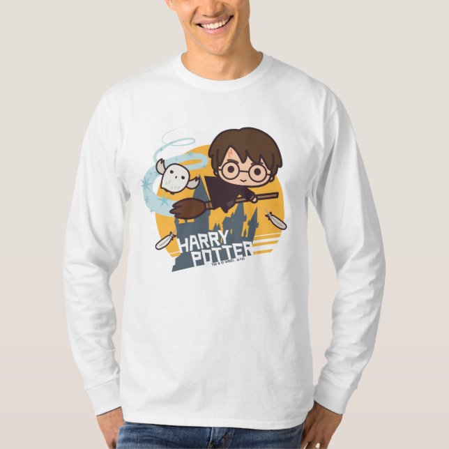Camiseta Harry em desenho animado e Hedwig voando além de H (Frente)