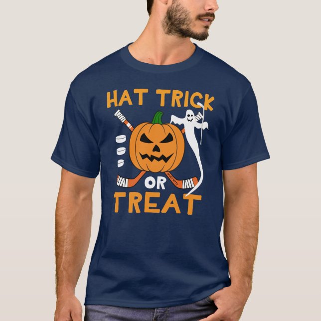 Camiseta Hat Trick ou Truque de Halloween de Hóquei (Frente)