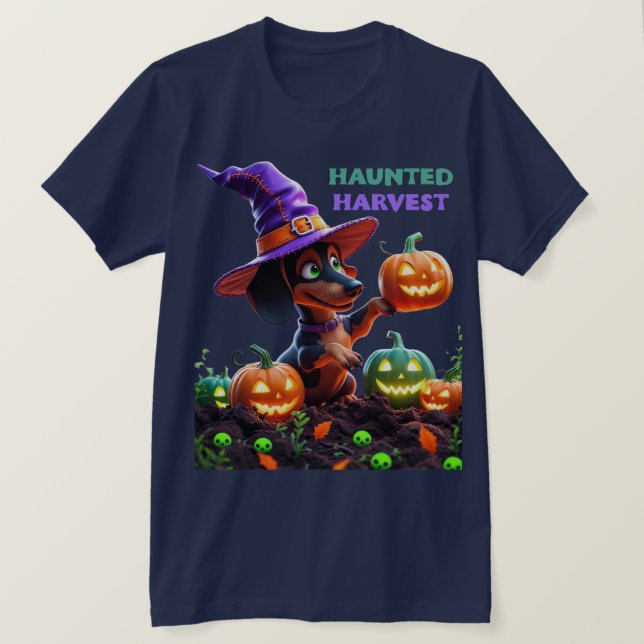 Camiseta Haunted Harvest – Witchy Dachshund Halloween Garde (Frente do Design)