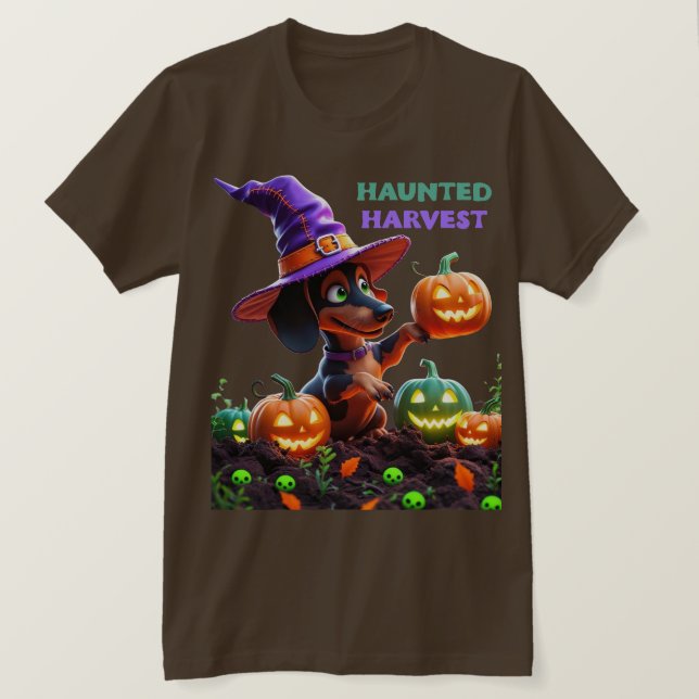 Camiseta Haunted Harvest – Witchy Dachshund Halloween Garde (Frente do Design)