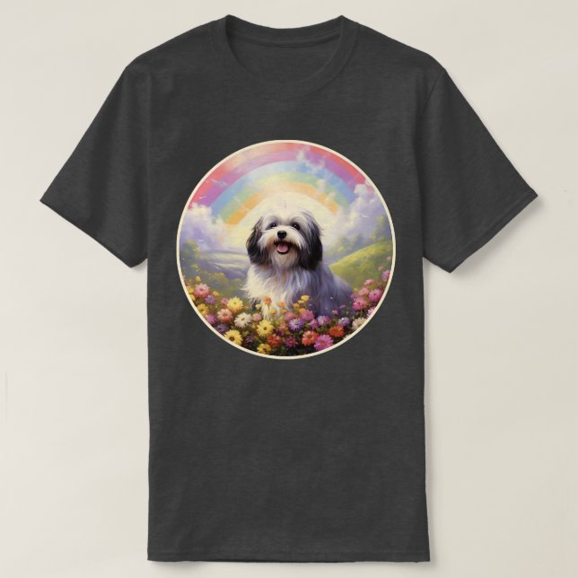 Camiseta Havanese Memorial Rainbow Bridge Colorida Dog Art (Frente do Design)