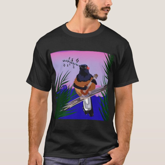 Camiseta Hawaiai Shama Bird tocando ukulele (Frente)