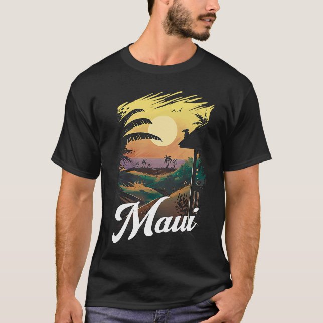 Camiseta Hawaii Beach Sunset Ocean Maui Aloha Retro Hawaiia (Frente)