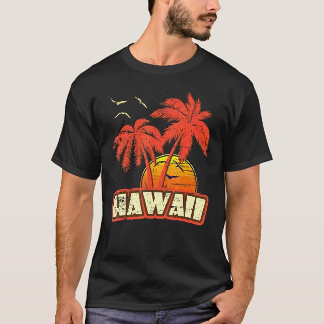 Camiseta Hawaii Summer Palm Trees 80s Beach Sunset (Frente)