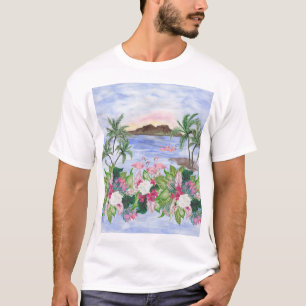 Camiseta Hawaiian Bliss: Padrão Tropical de Aquarela