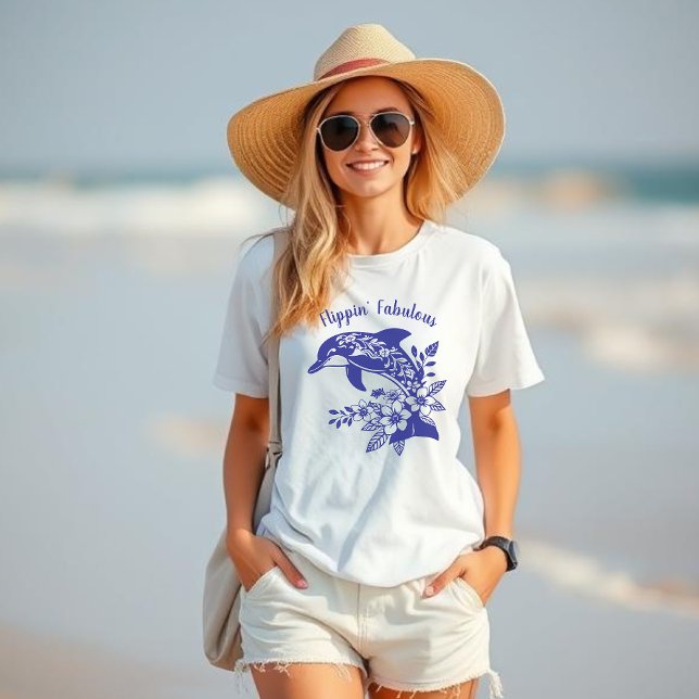 Camiseta Hawaiian Dolphin Flippin' Fabuloso Blue (Dolphin-Hawaiian-Tropical Flowers-Flippin Fabulous-Trending Fisherman Style Fashion- blue womans t s)