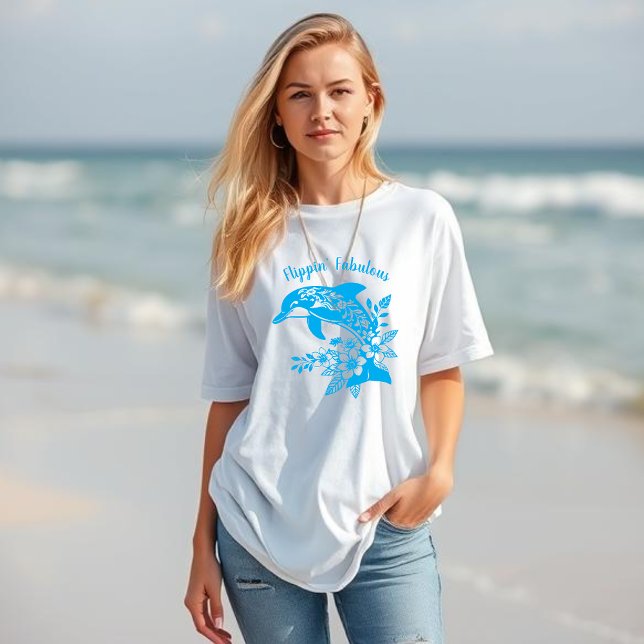 Camiseta Hawaiian Dolphin Flippin' Fabuloso Light Blue (Hawaiian Dolphin Tropical Flowers, Fisherman Trending Fashion, Islander, Summer, Beach, Womens T )