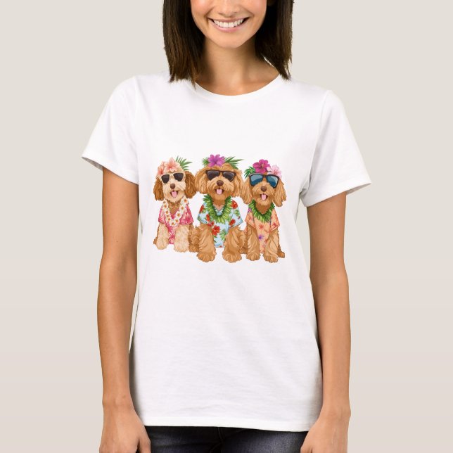 Camiseta Hawaiian Goldendoodle Dogs Flower Lei (Frente)