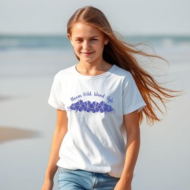 Camiseta Hawaiian Hibiscus Flowers Blue (Hawaiian Mermaid, Bloom Wild Island Style, Fisherman Trend 2025 Kids T shirt Tropical Flowers)