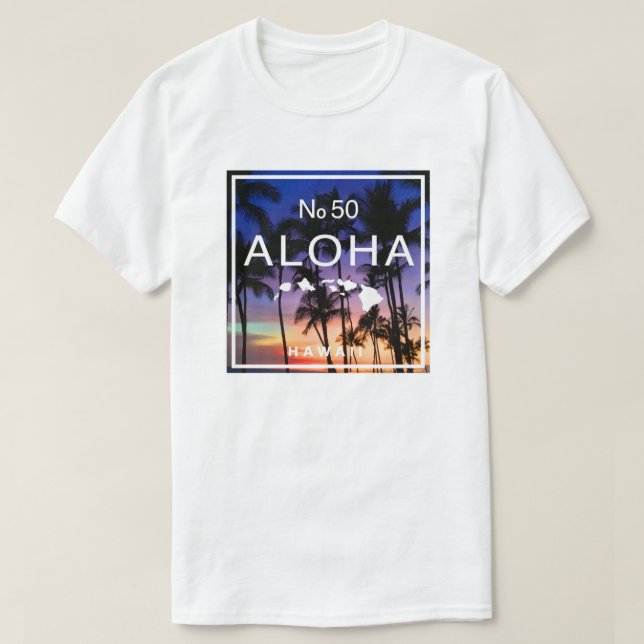 Camiseta Hawaiian Sunset Vibes com Palm Trees Brilha (Frente do Design)