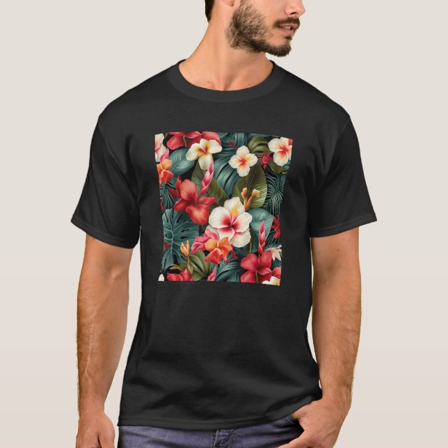 Camiseta Hawaiian Tropical Flower Leaf Pattern Beach Vacati (Frente)