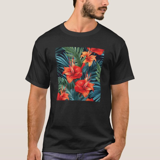 Camiseta Hawaiian Tropical Flower Leaf Pattern Beach Vacati (Frente)