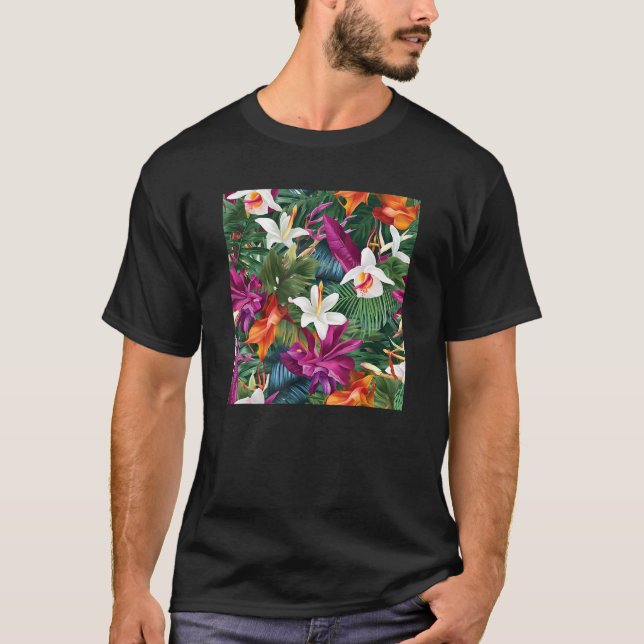 Camiseta Hawaiian Tropical Flower Leaf Pattern Beach Vacati (Frente)