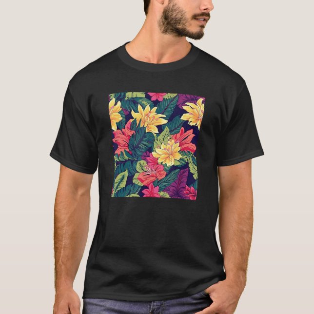 Camiseta Hawaiian Tropical Flower Leaf Pattern Beach Vacati (Frente)