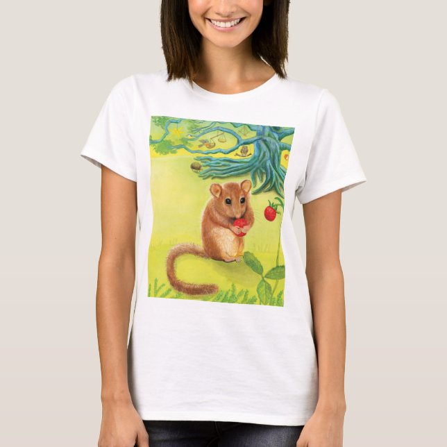 Camiseta Hazel Dormouse comendo morango selvagem (Frente)