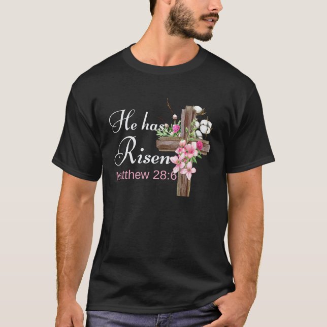 Camiseta He Has Risen Pink Flower Cross Women Easter (Frente)