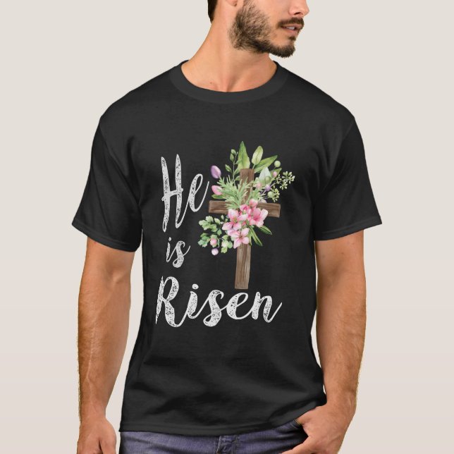 Camiseta He Is Risen Floral Cross Happy Easter 2023 (Frente)