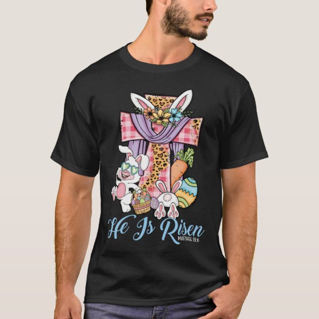 Camiseta He is Risen Kids Leopard Cross Bunny Happy Easter  (Frente)