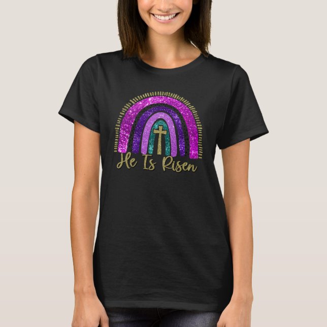Camiseta He Is Risen Rainbow Christian Jesus Happy Easter D (Frente)