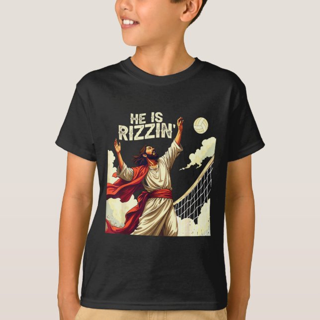 Camiseta He Is Rizzin Jesus Meme Quote Shirt Funny Volleyba (Frente)