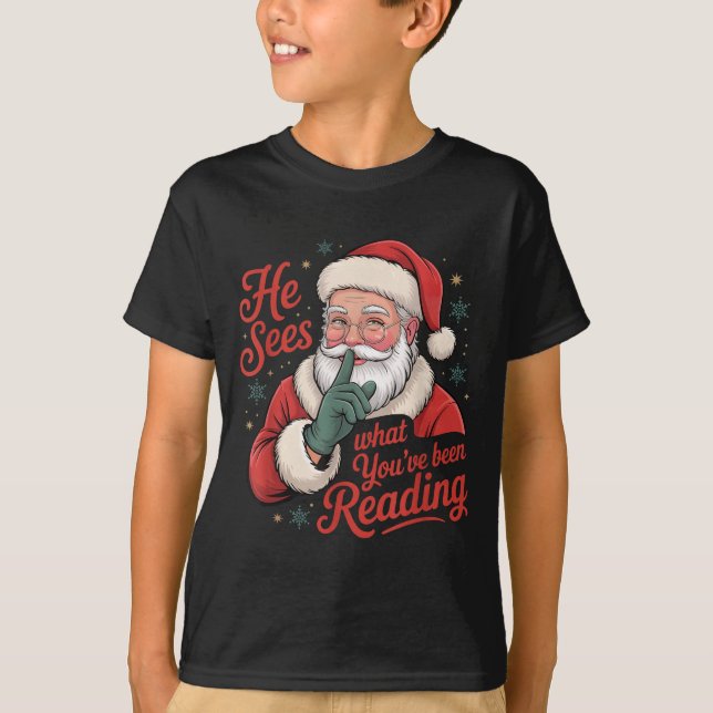 Camiseta He Sees What You've Been Reading, Retro Santa Chri (Frente)