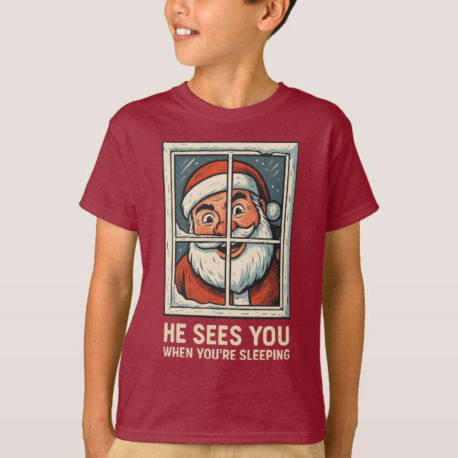 Camiseta He Sees You When You’re Sleeping – Funny Creepy Sa (Frente)