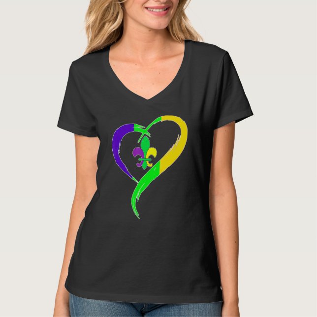 Camiseta Heart Funny Fleur De Lis Cute Mardi Gras Women (Frente)