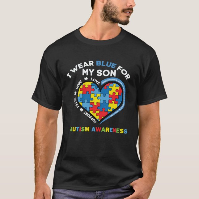 Camiseta Heart I Wear Blue For My Son Autism Awareness Mont (Frente)