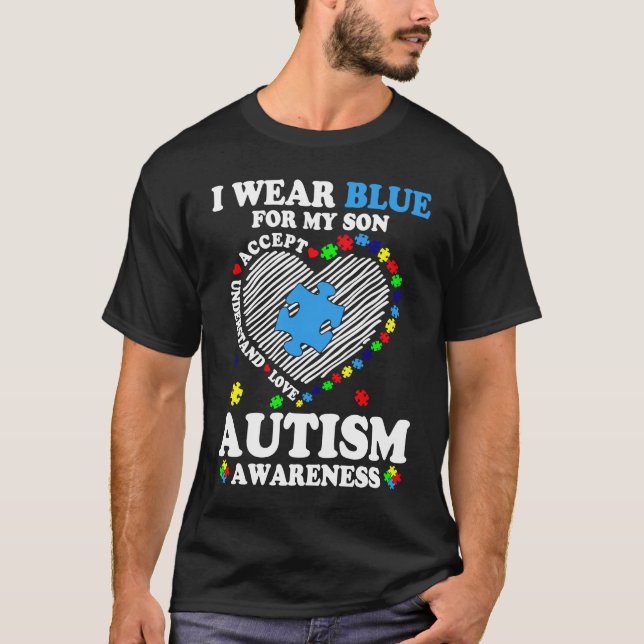 Camiseta Heart I Wear Blue For My Son Autism Awareness Mont (Frente)