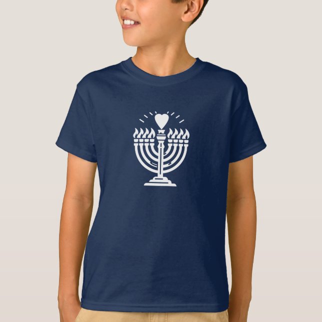 Camiseta Heart Menorah Happy Hanukkah família mãe crianças  (Frente)
