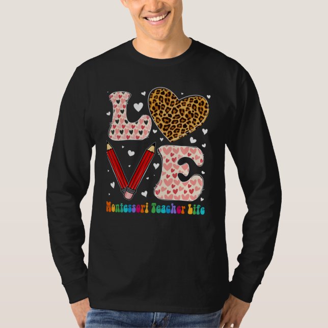Camiseta Heart Montessori Teacher Life Leopard Plaid Valent (Frente)