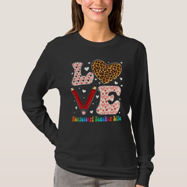 Camiseta Heart Montessori Teacher Life Leopard Plaid Valent (Frente)