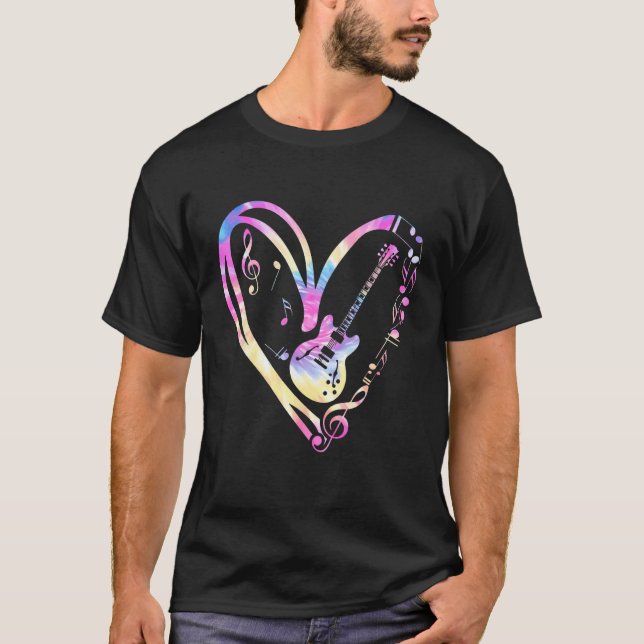 Camiseta Heart Musical Notes Tie Dye Guitar Dia de os namor (Frente)
