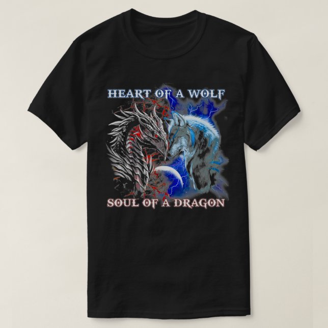 Camiseta Heart Of Wolf Soul Of A Dragon  Cool dragon  wolf  (Frente do Design)