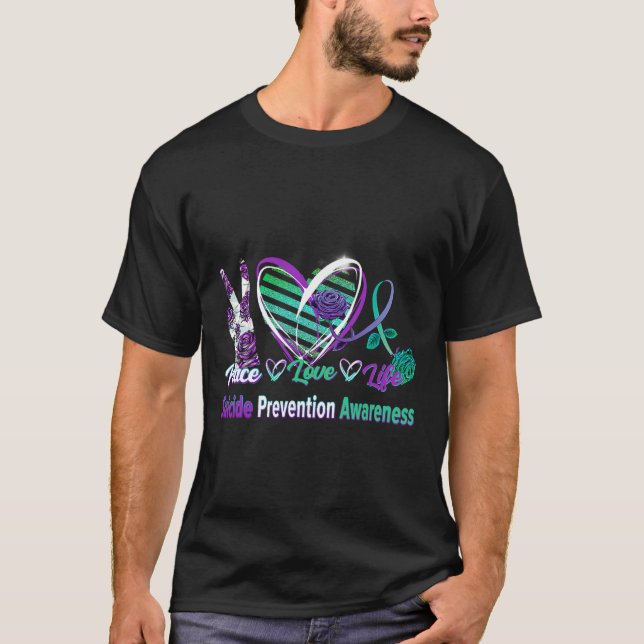 Camiseta Heart Ribbon Rosa Peace Love Mental Health Suicídi (Frente)