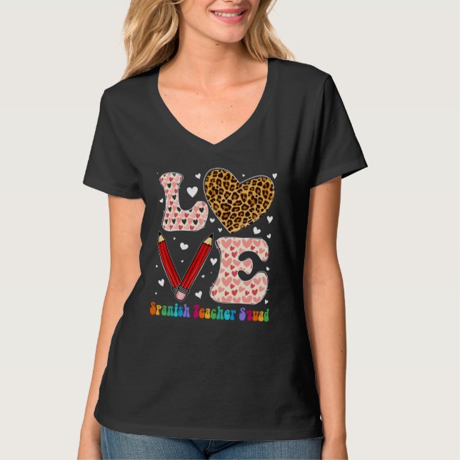 Camiseta Heart Spanish Teacher Squad Leopard Plaid Red Vale (Frente)