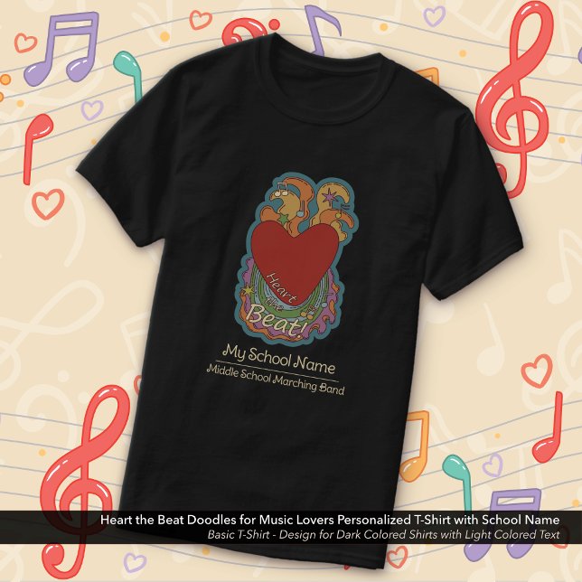 Camiseta Heart the Beat Doodles Music Lovers School Name (Heart the Beat Doodles Music Lovers T-Shirt Personalized with School with Your Name)