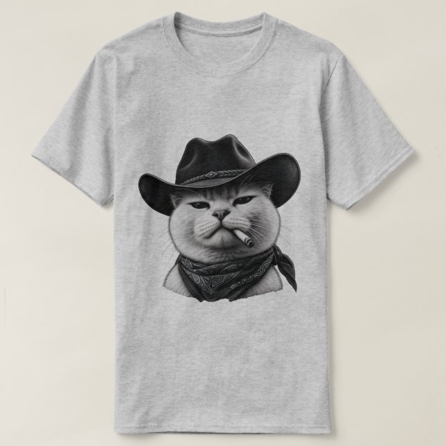 Camiseta Heather Grey Cowboy Cat (Frente do Design)