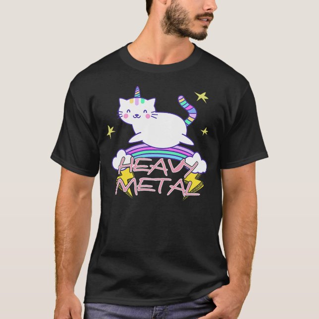 Camiseta Heavy Metal Kawaii Unicorn Cat and Rainbow (Frente)