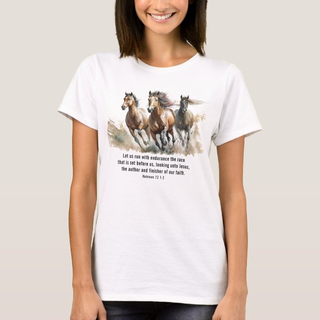 Camiseta Hebraico 12:1 Corre com Bíblia Endurance Horse Ver (Frente)