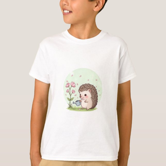 Camiseta Hedgehog Fofo Regando Flores Crianças (Frente)