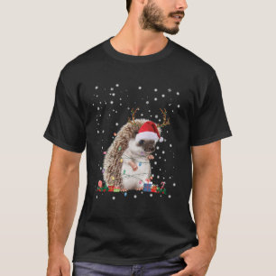 Camiseta Hedgehog Reindeer Santa Hat Luzes De Natal Dadas P