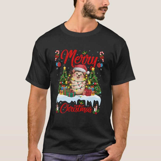 Camiseta Hedgehog Xmas Tree Lighting Santa Hat (Frente)