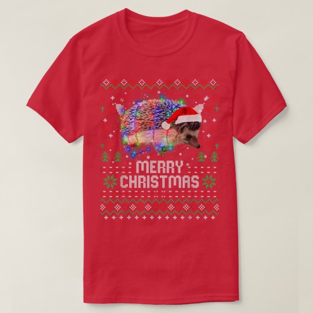 Camiseta Hedgehogs Santa Hat Árvore de Natal Animal Luzes H (Frente do Design)