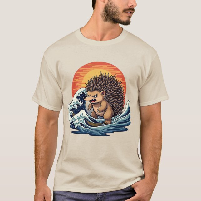 Camiseta Hedgehogzilla Wave - Vintage Art Hedgehog japonês (Frente)