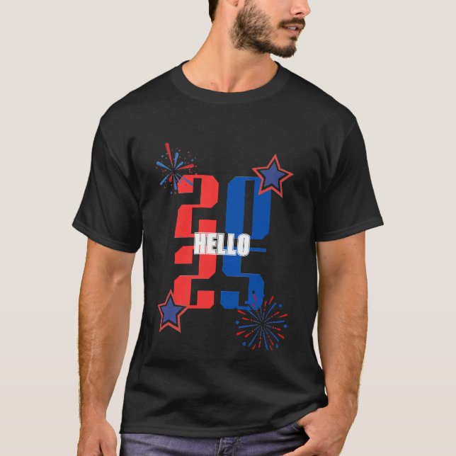 Camiseta HELLO 2025 T-shirt vermelha e azul (Frente)