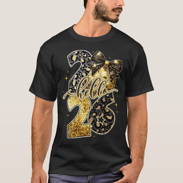 Camiseta Hello 2026 Coquette Bow Leopard New Years Eve Part (Frente)