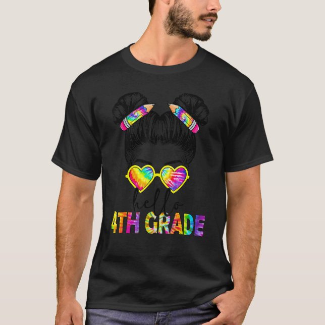 Camiseta Hello 4th Grade Back To School Girls Messy Hair Bu (Frente)