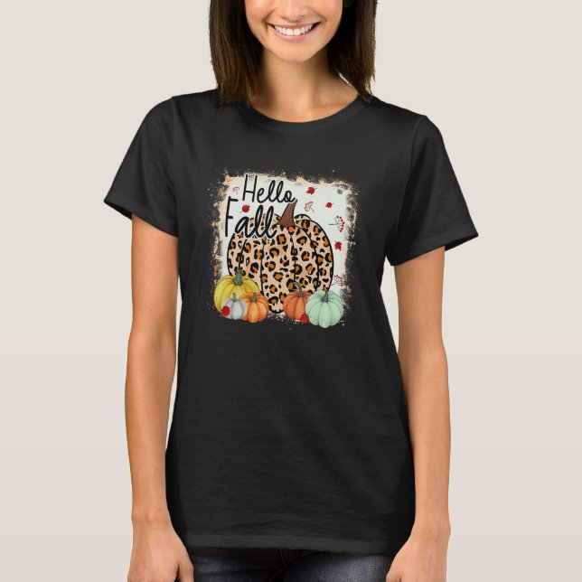 Camiseta Hello Fall Theme Cheetah Pumpkin Leopard Thanksgiv (Frente)