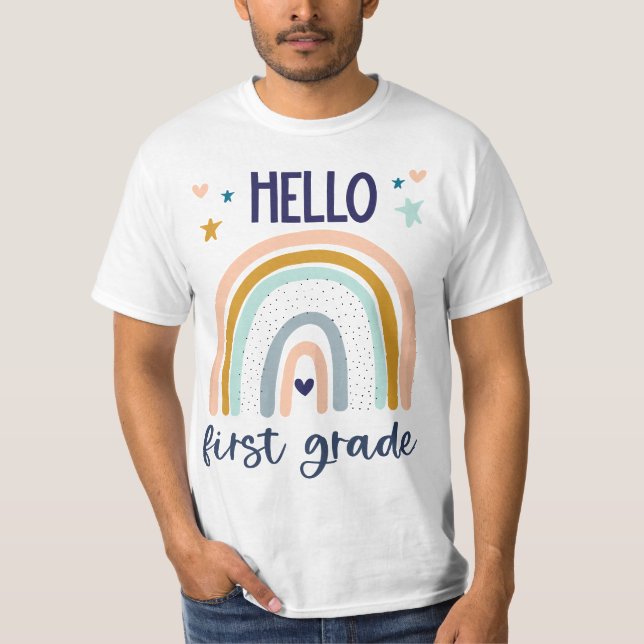 Camiseta Hello First Grade Retro Rainbow Cute for Teaher Gi (Frente)
